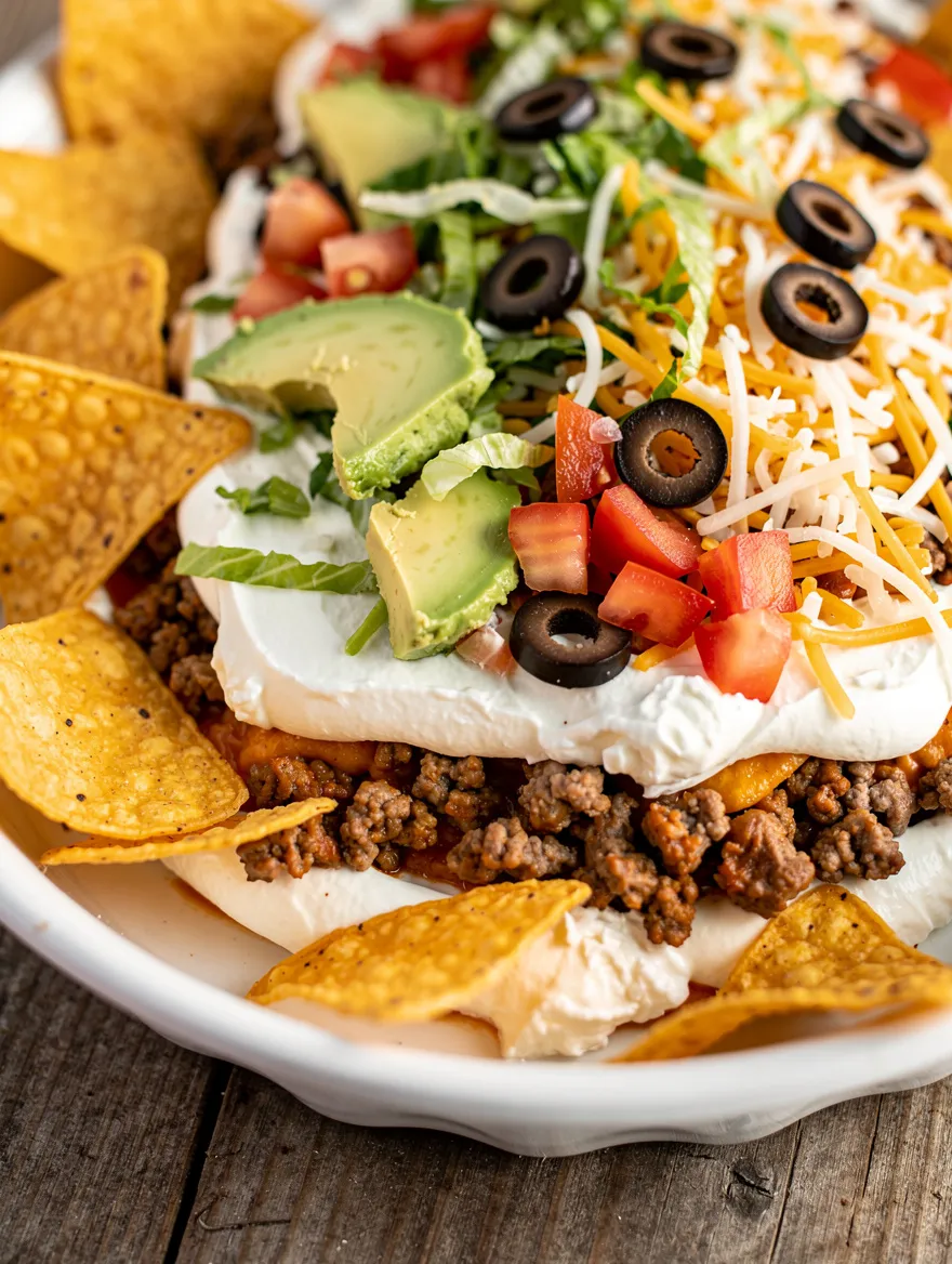 Layered taco dip with cream cheese, ground beef, avocado, and tortilla chips