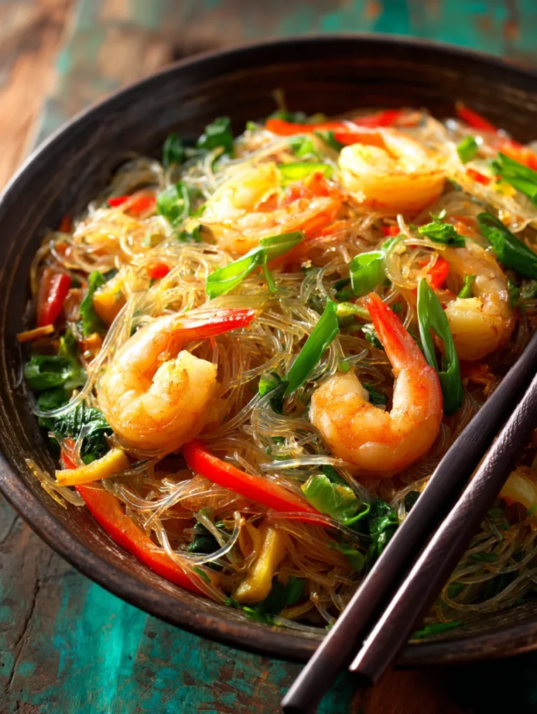 Thai glass noodles with shrimp, vegetables, and green onions served in a bowl with chopsticks.