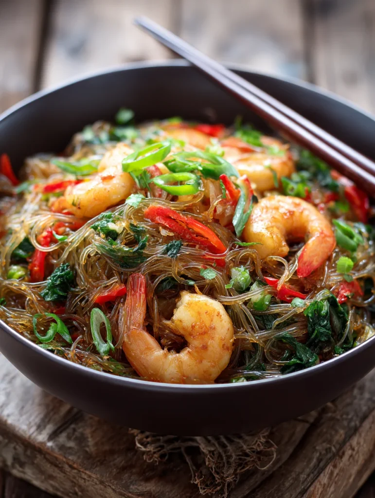 Thai glass noodles stir-fry with shrimp, herbs, and vegetables in a bowl with chopsticks.