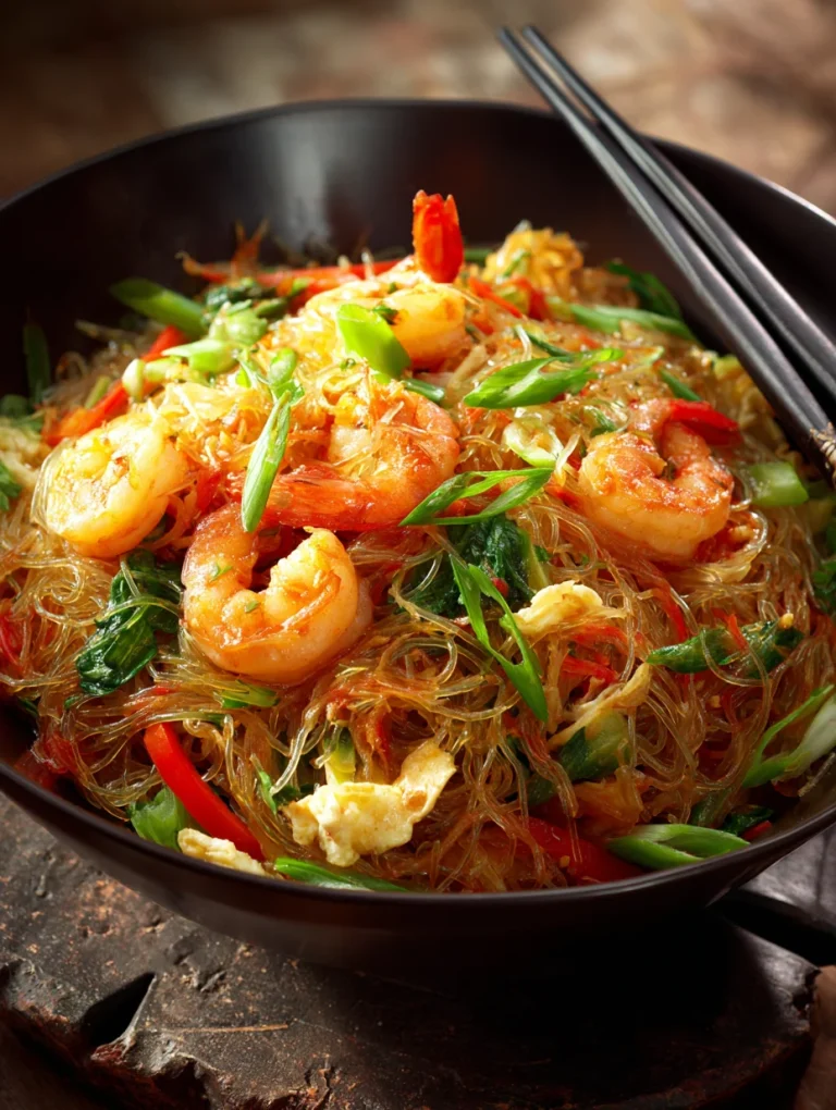 Thai glass noodles stir-fry with shrimp, vegetables, and eggs served in a bowl with chopsticks.