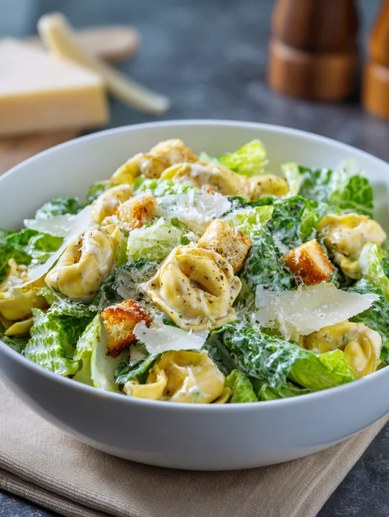 Creamy tortellini Caesar salad with romaine lettuce, croutons, and shaved Parmesan cheese.
