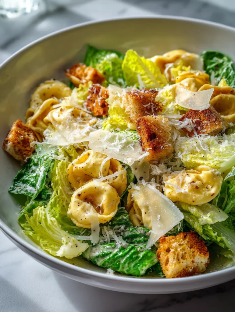 Tortellini Caesar salad with romaine lettuce, croutons, Parmesan, and creamy Caesar dressing.