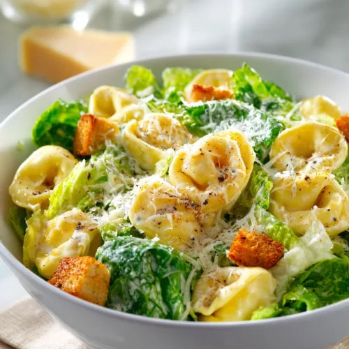 Tortellini Caesar salad with romaine lettuce, croutons, Parmesan cheese, and creamy dressing.
