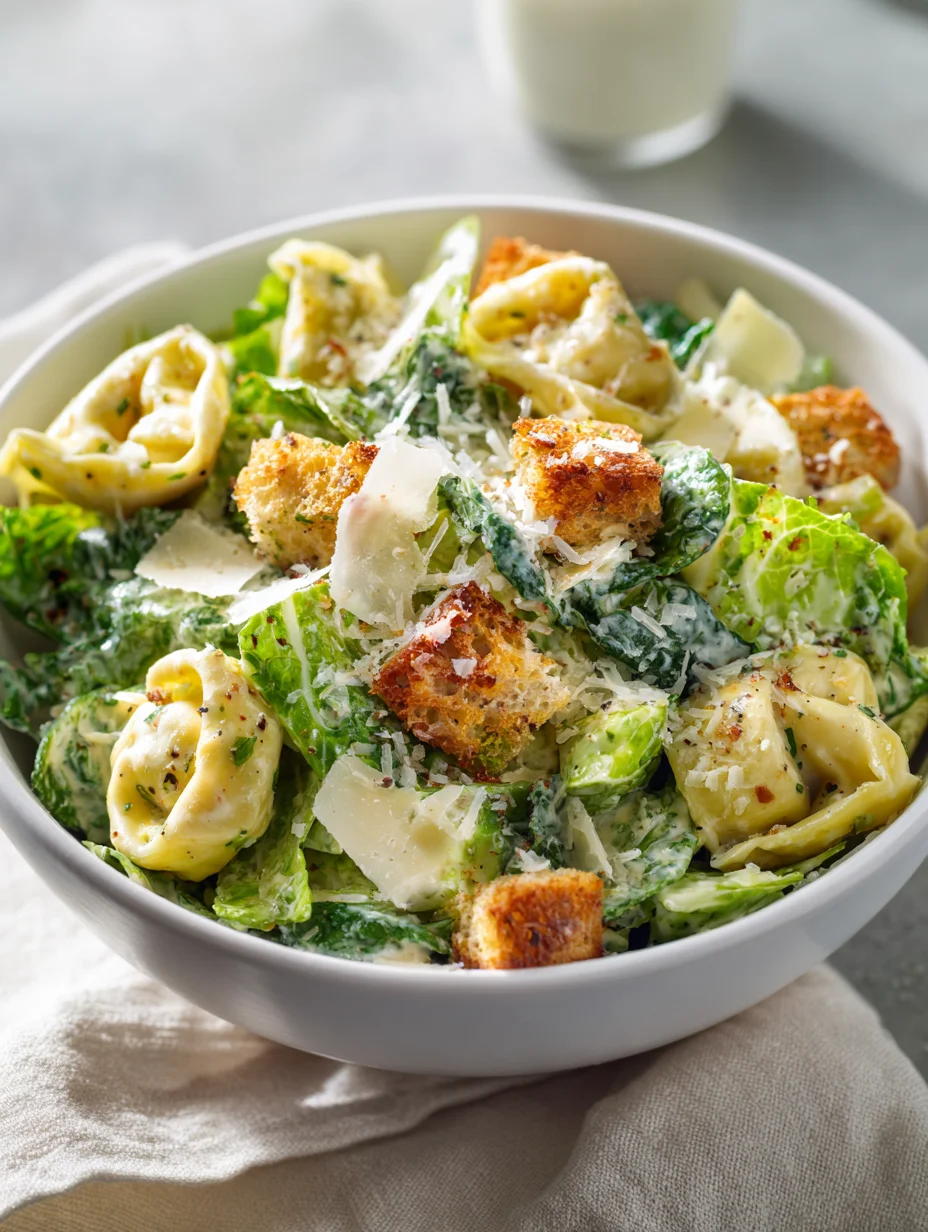Tortellini Caesar salad with romaine lettuce, croutons, Parmesan, and creamy dressing.