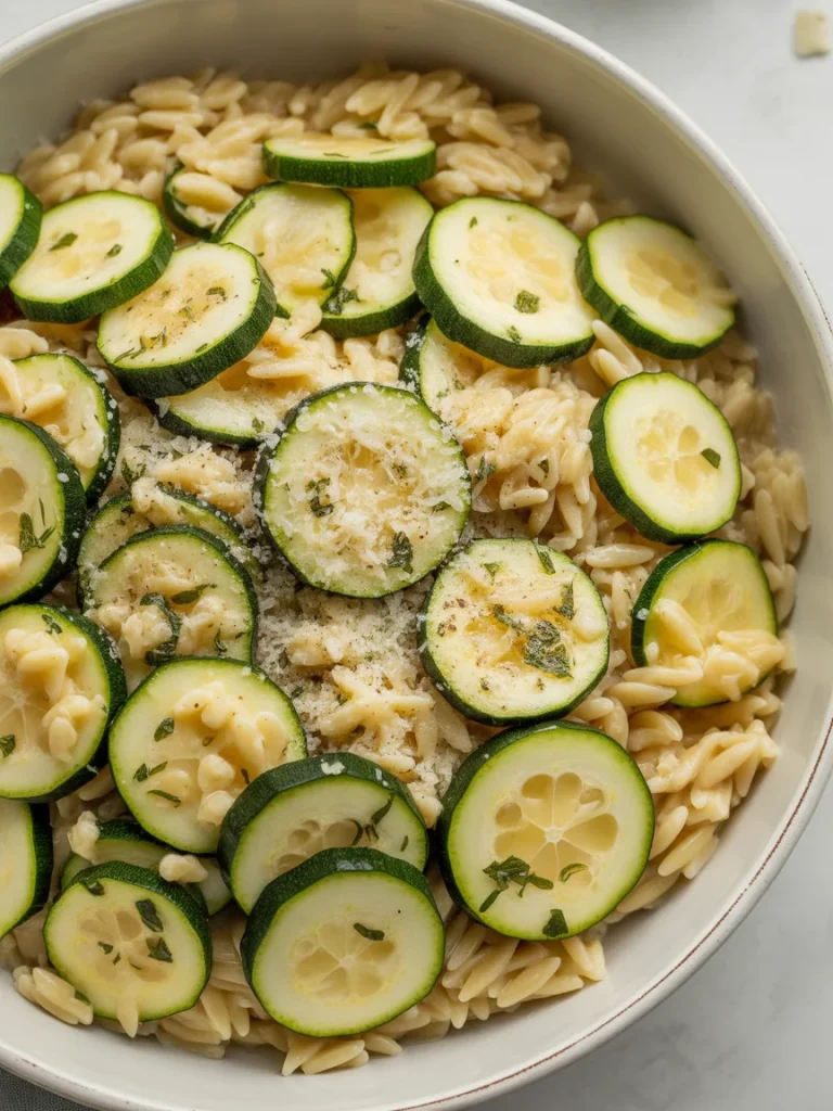 Creamy zucchini and lemon orzo pasta topped with grated Parmesan cheese