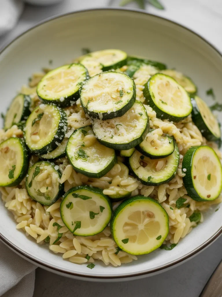 Zucchini and lemon orzo pasta with herbs and grated Parmesan in a bowl