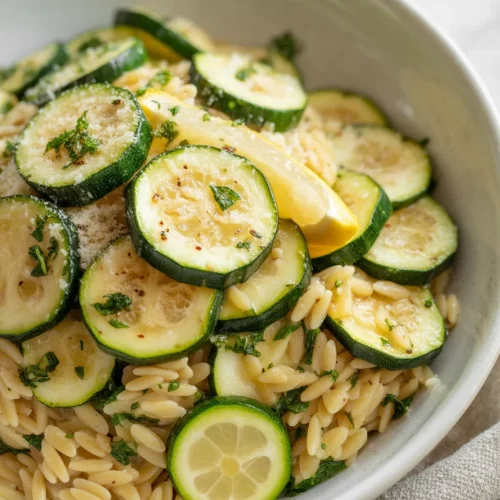 Zucchini and lemon orzo pasta with fresh herbs and Parmesan cheese