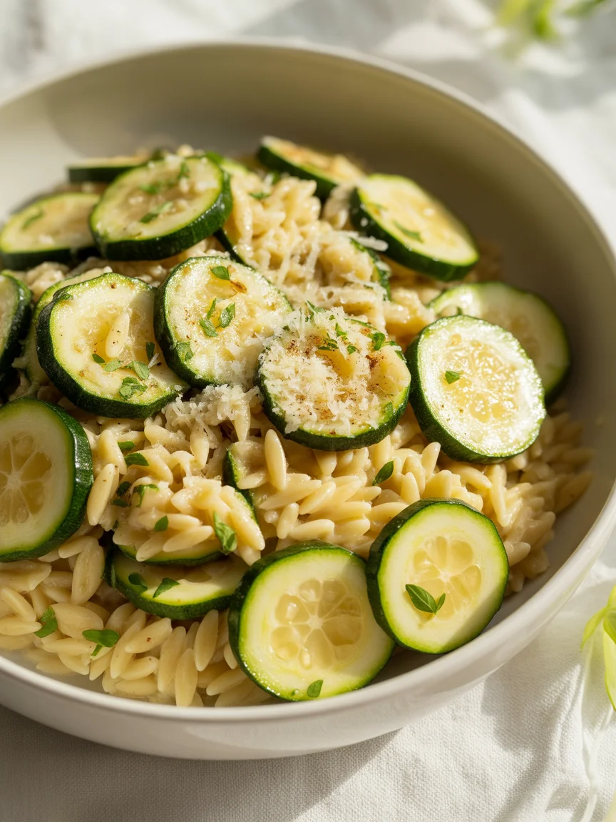 Zucchini and lemon orzo pasta with Parmesan cheese in a bowl