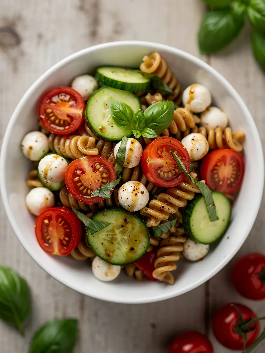 Balsamic pasta salad with cherry tomatoes, mozzarella pearls, cucumber, and basil