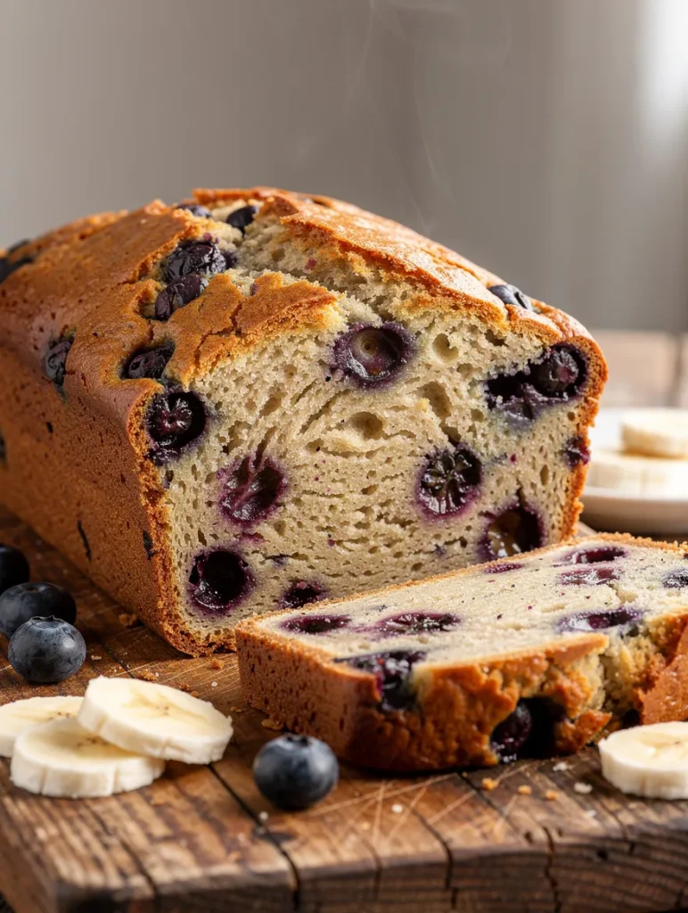 Freshly baked blueberry banana bread loaf with slice on wooden board