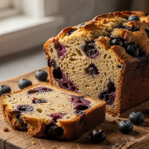 Warm blueberry banana bread loaf with slice and fresh blueberries