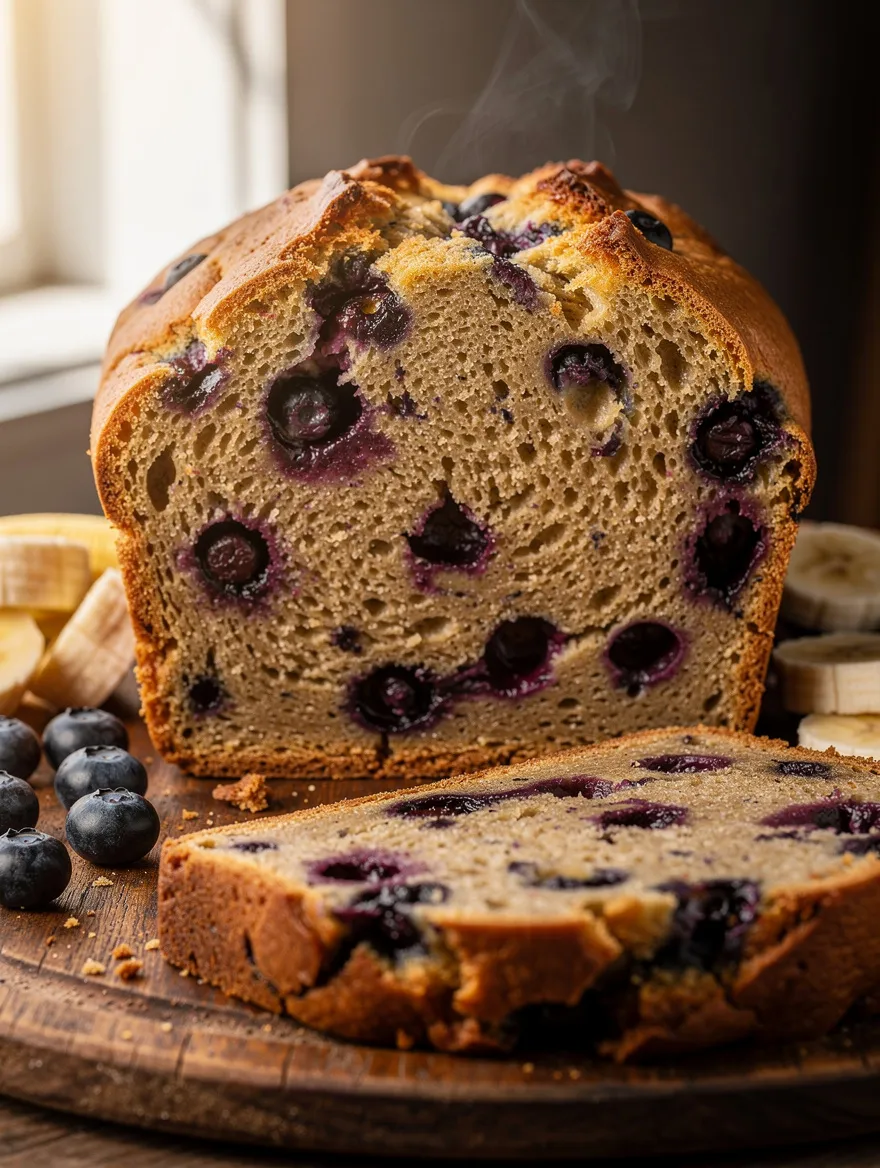 Sliced blueberry banana bread loaf with fresh blueberries and banana slices