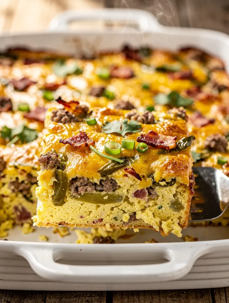 Close-up of a cheesy breakfast green chili casserole slice with sausage, bacon, eggs, and green chilies lifted from a baking dish.