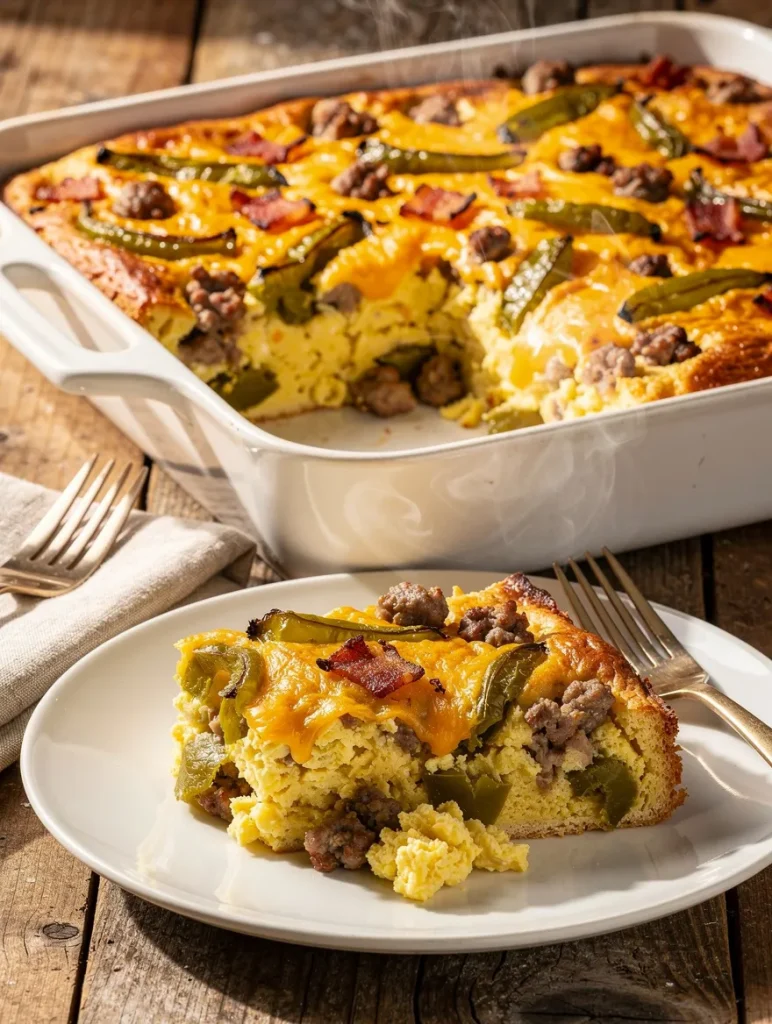 Breakfast green chili casserole slice served on a white plate with sausage, cheese, bacon, and roasted green chilies.