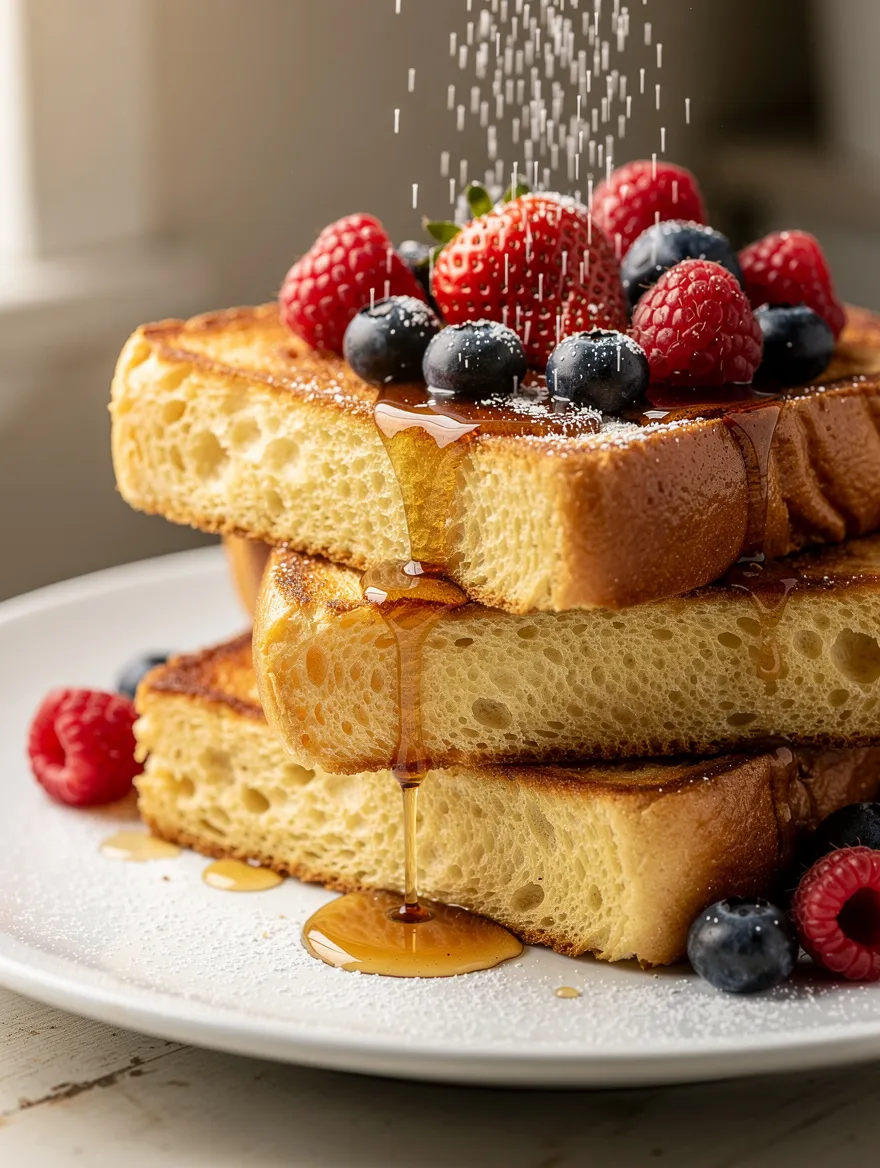 Brioche French toast with berries, powdered sugar, and syrup drizzle