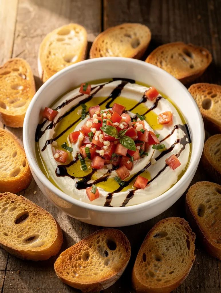 Creamy bruschetta dip with diced tomatoes, basil, olive oil, and balsamic glaze served with toasted crostini