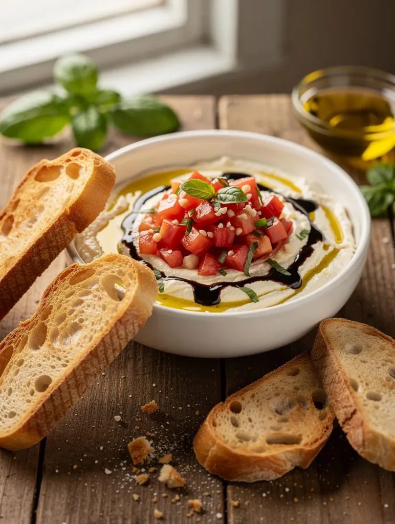 Bruschetta dip with tomatoes, basil, balsamic glaze, and olive oil served with sliced toasted bread