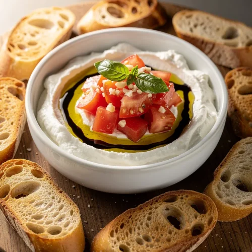Creamy bruschetta dip topped with tomatoes, basil, olive oil, and balsamic glaze with toasted baguette slices