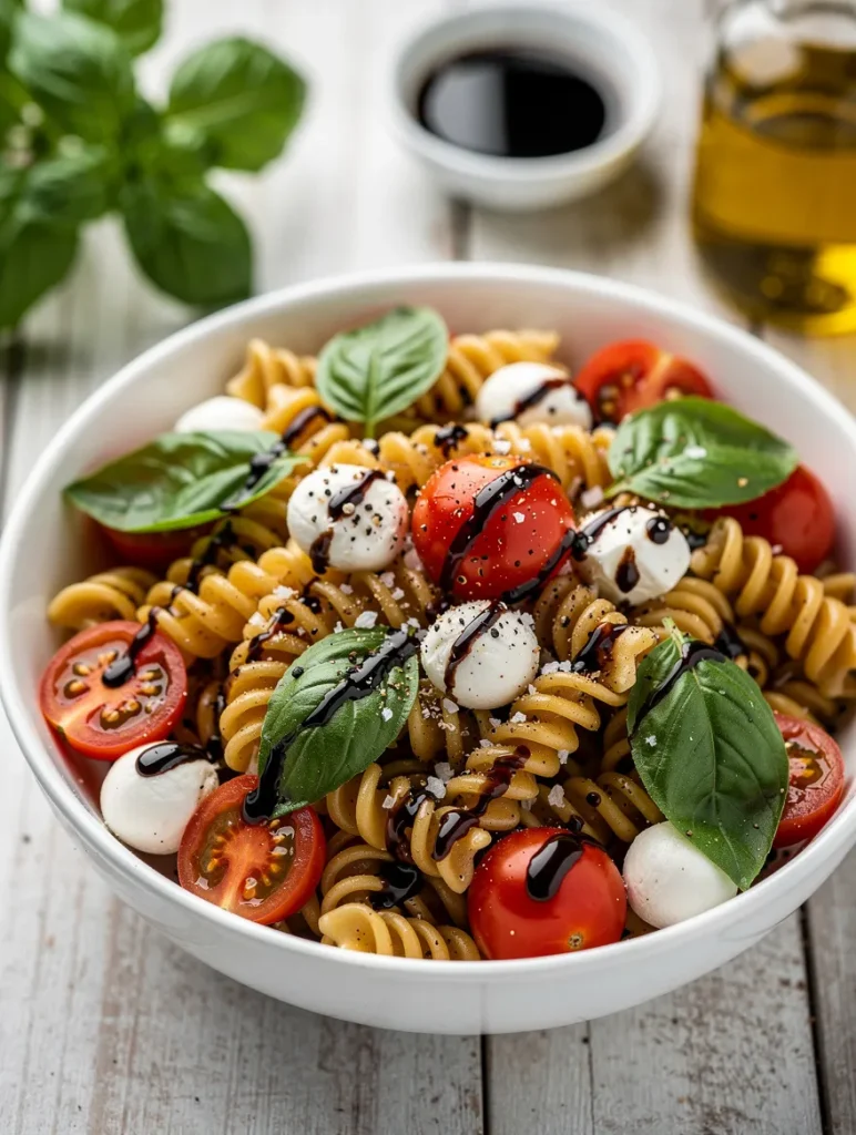 Fresh bruschetta pasta salad with basil, mozzarella pearls, tomatoes, and balsamic glaze
