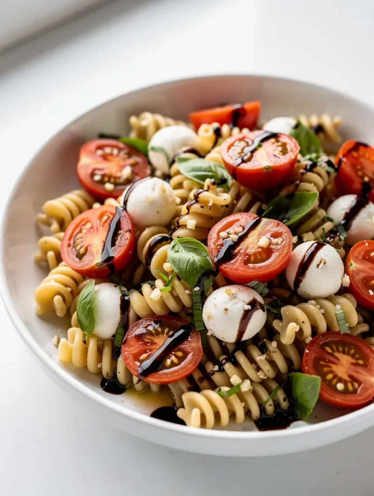 Bruschetta pasta salad with tomatoes, mozzarella, basil, and balsamic glaze