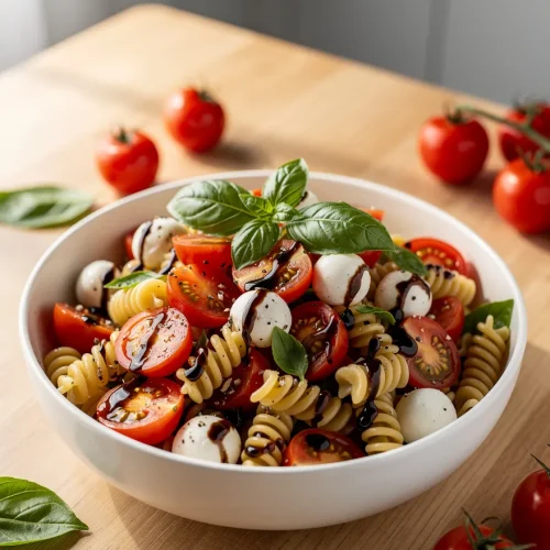 Bruschetta pasta salad recipe with cherry tomatoes, mozzarella, basil, and rotini pasta