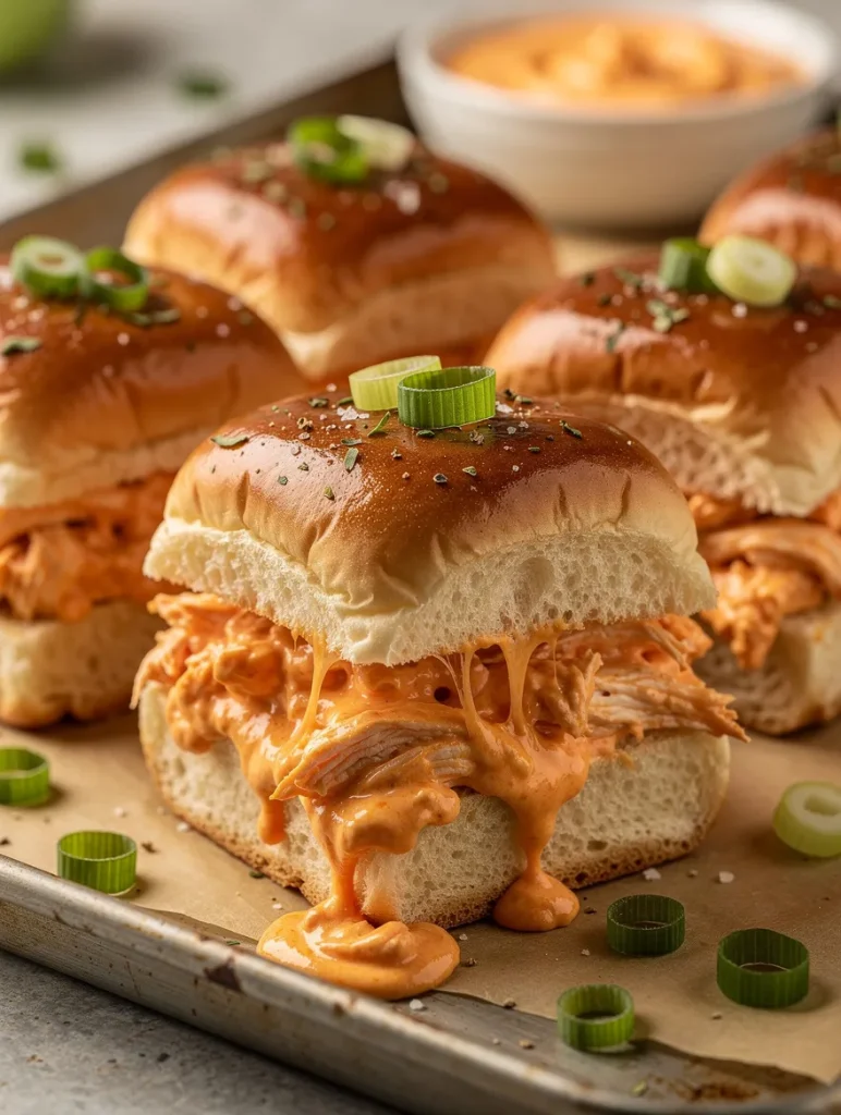 Cheesy buffalo chicken dip sliders with creamy buffalo sauce on soft buns