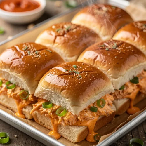 Buffalo chicken dip sliders on toasted buns with creamy buffalo sauce and green onions
