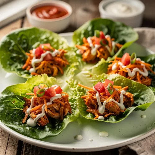 Buffalo Chicken Lettuce Wraps filled with shredded buffalo chicken, carrots, diced tomatoes, and creamy dressing served in crisp lettuce cups.