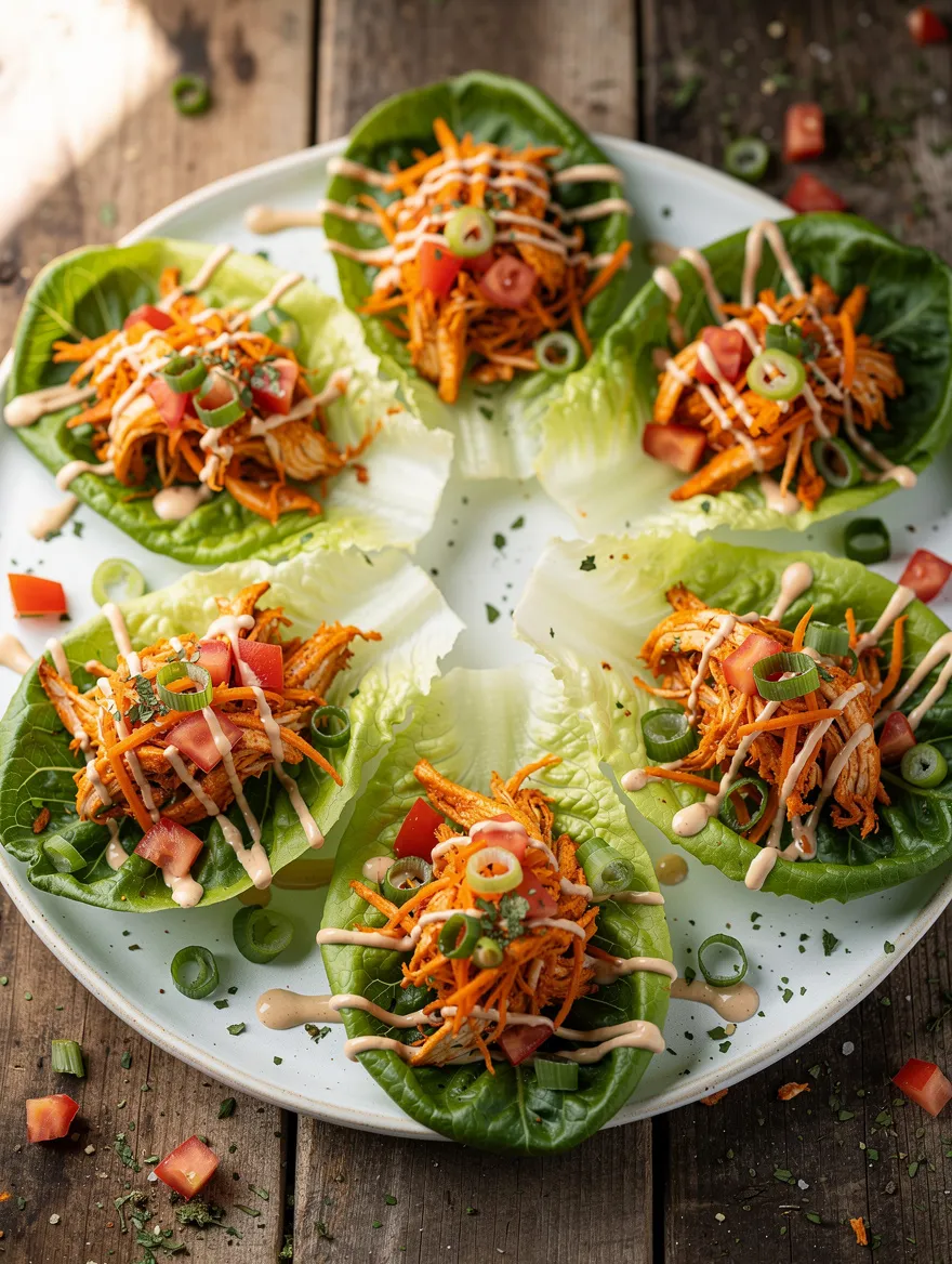 Buffalo Chicken Lettuce Wraps served in crisp lettuce cups and topped with shredded carrots, diced tomatoes, green onions, and creamy buffalo sauce drizzle.