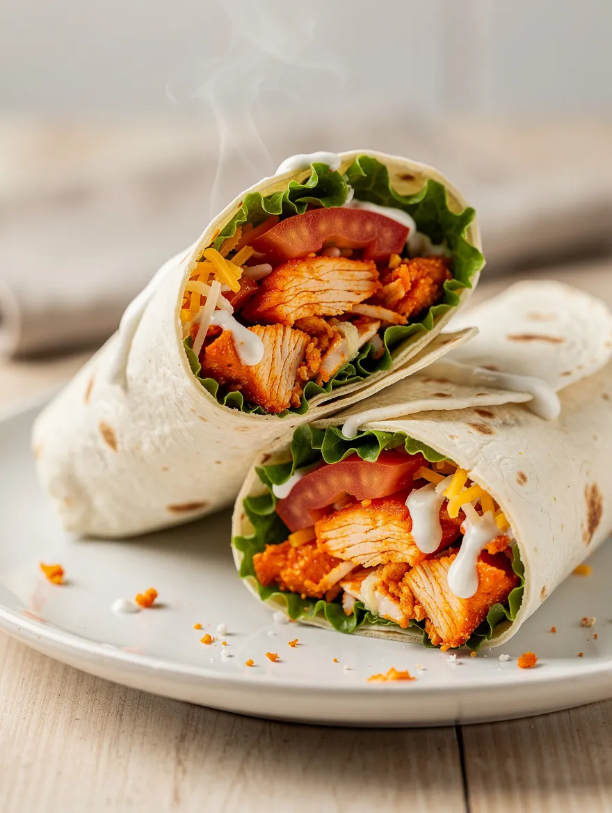 Buffalo chicken wraps filled with lettuce, tomatoes, cheese, and creamy dressing on a white plate.