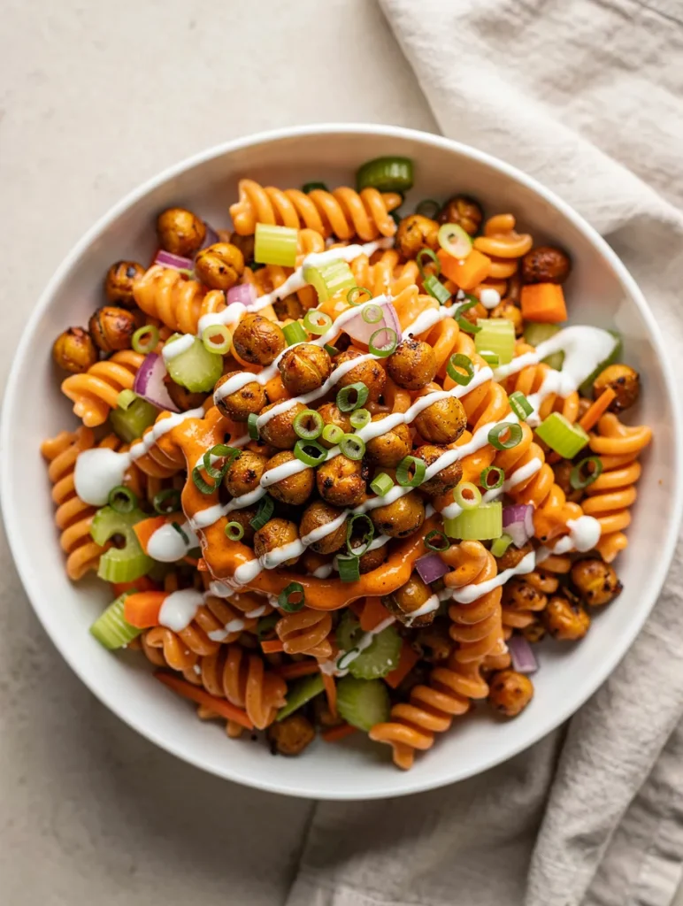 Buffalo chickpea pasta salad with rotini, roasted chickpeas, celery, carrots, green onions, and ranch drizzle
