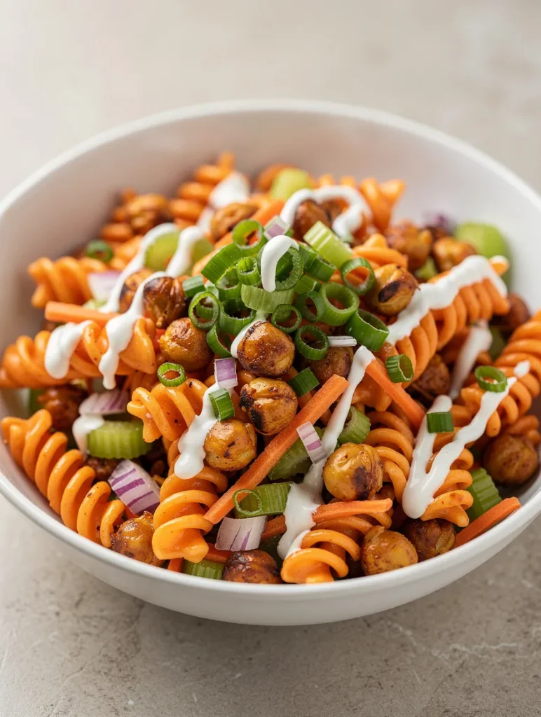 Buffalo chickpea pasta salad with roasted chickpeas, rotini pasta, celery, carrots, and green onions