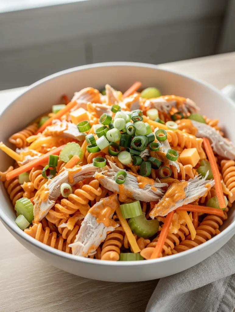 Creamy buffalo chicken pasta salad with rotini, celery, carrots, cheddar cheese, and green onions
