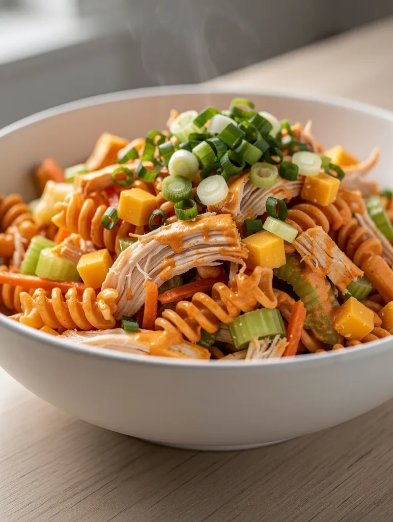 Buffalo chicken pasta salad with rotini pasta, cheddar cubes, celery, carrots, and green onions