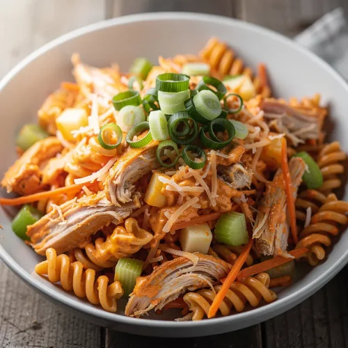 Buffalo chicken pasta salad with rotini, shredded chicken, celery, carrots, cheese, and green onions