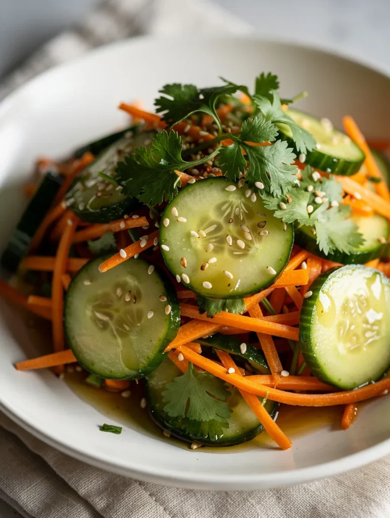 Carrot and cucumber salad with sesame seeds and cilantro in a white bowl