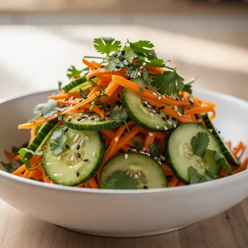 Carrot and cucumber salad with sesame seeds and fresh cilantro in a white bowl