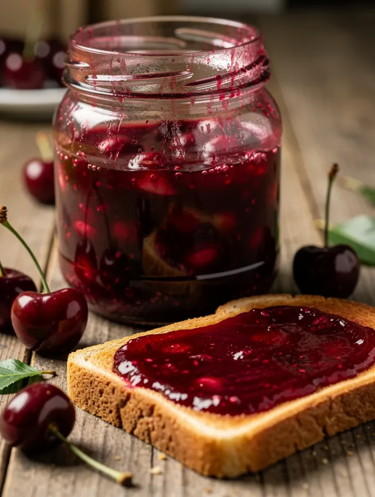 Toast with cherry jam and jar of homemade cherry jam on rustic table