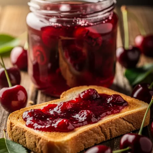 Toast with chunky cherry jam and jar of homemade cherry jam with fresh cherries