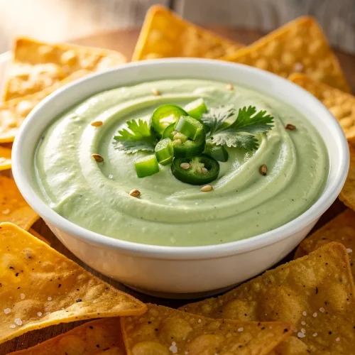 Creamy jalapeño dip with sliced jalapeños and cilantro, served with tortilla chips