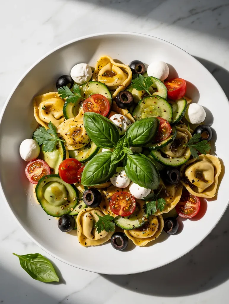 Cold tortellini pasta salad with mozzarella pearls, cucumbers, olives, and basil