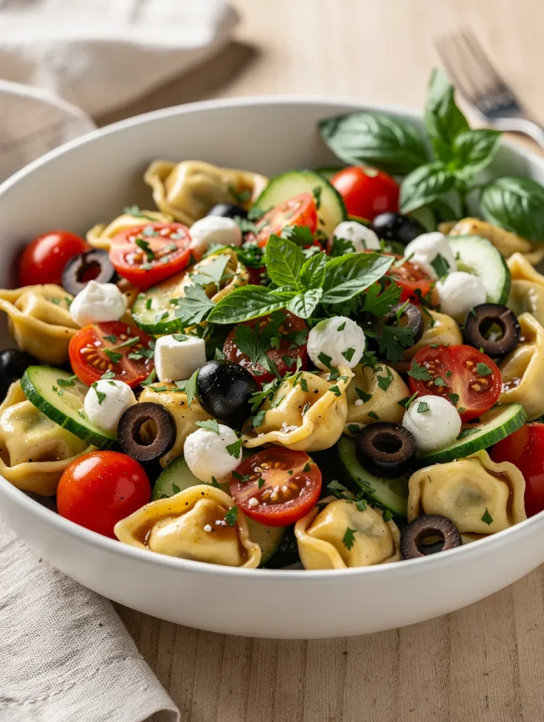 Cold tortellini pasta salad with cucumbers, tomatoes, olives, and mozzarella cheese