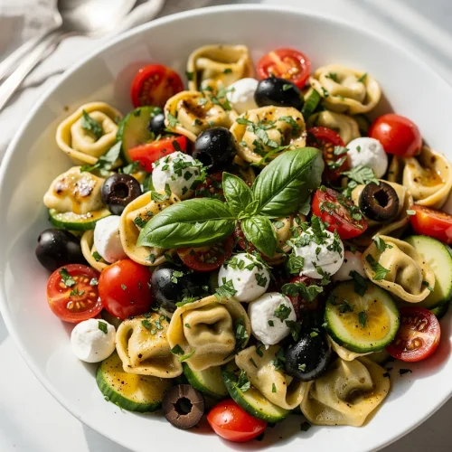 Cold tortellini pasta salad with mozzarella pearls, olives, cucumbers, and cherry tomatoes