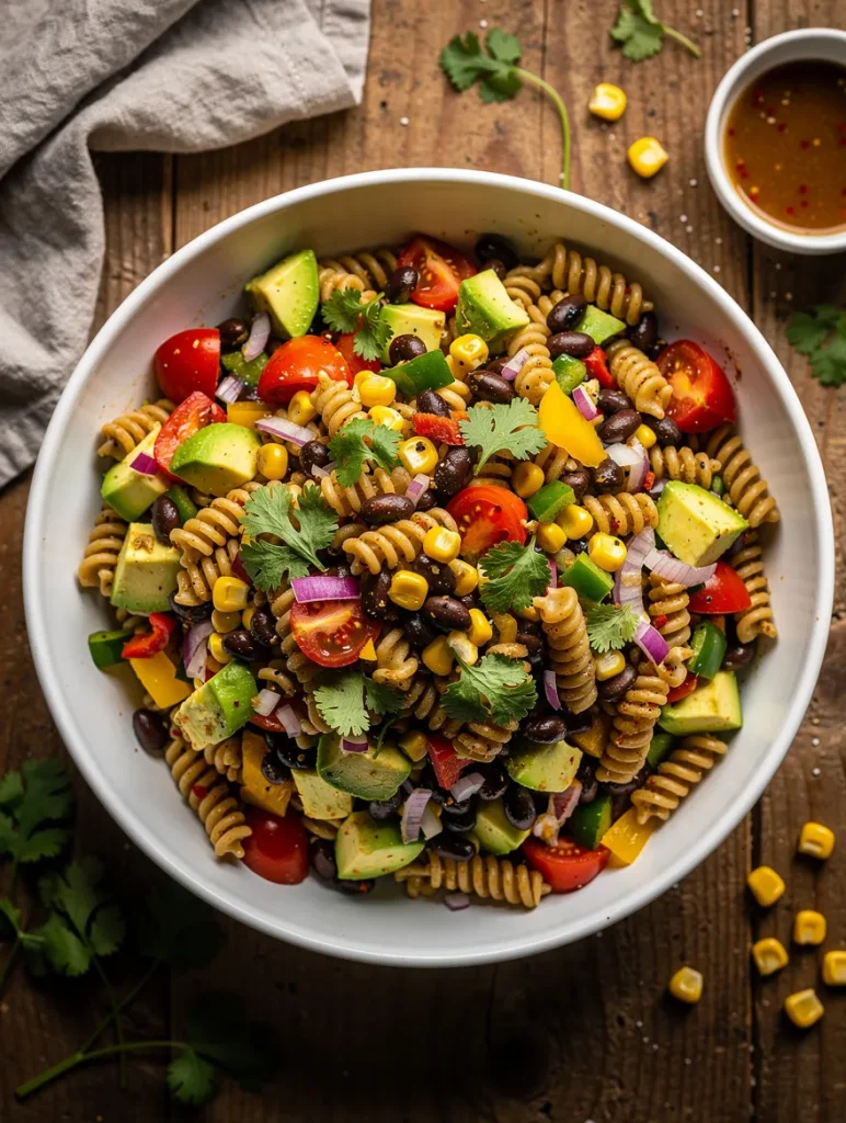 Cowboy caviar pasta salad with avocado, black beans, corn, tomatoes, and cilantro