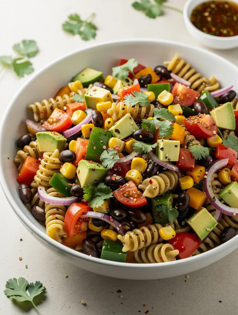 Cowboy caviar pasta salad with avocado, corn, black beans, tomatoes, and rotini pasta