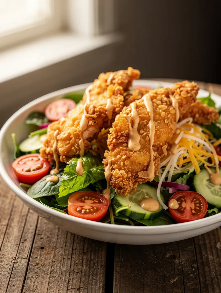 Crispy chicken salad with cherry tomatoes, cucumber, greens, and creamy dressing