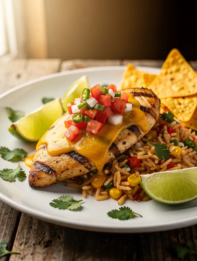 Grilled fiesta lime chicken topped with melted cheese and pico de gallo served with Mexican rice