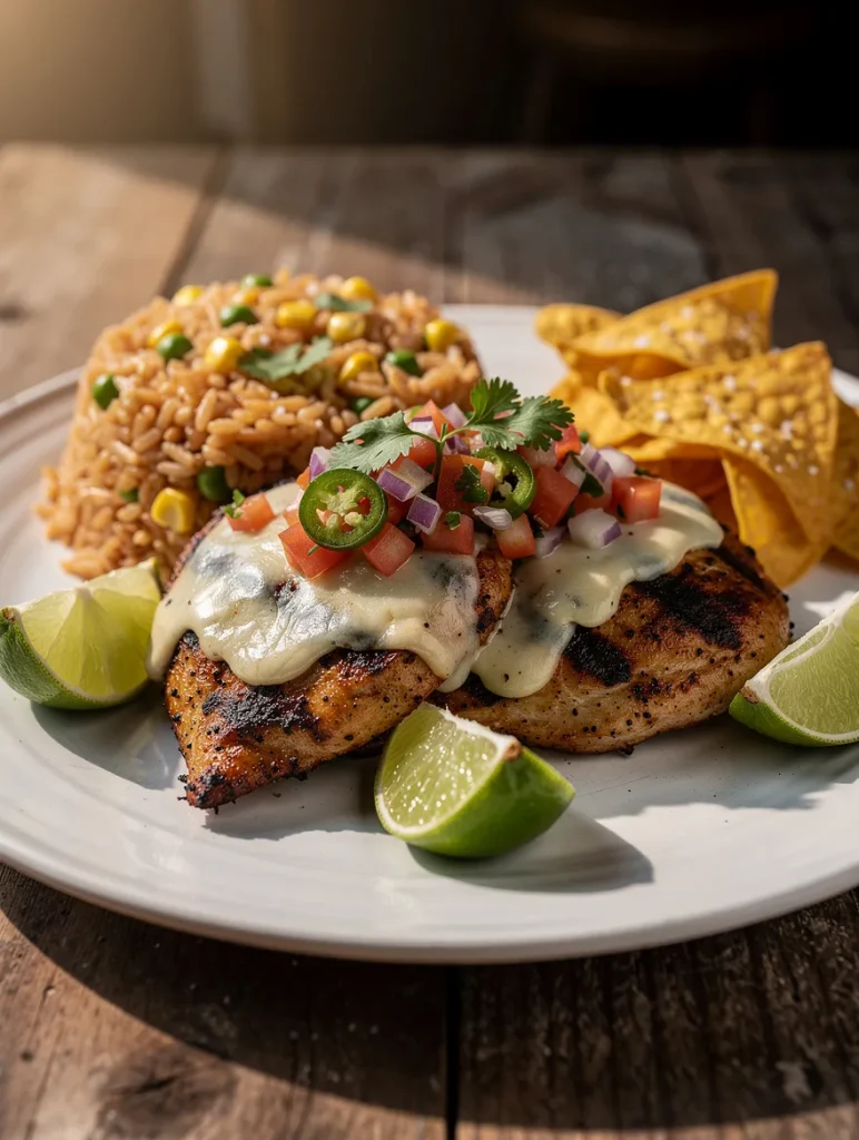 Fiesta lime chicken with melted cheese, pico de gallo, Mexican rice, and tortilla chips