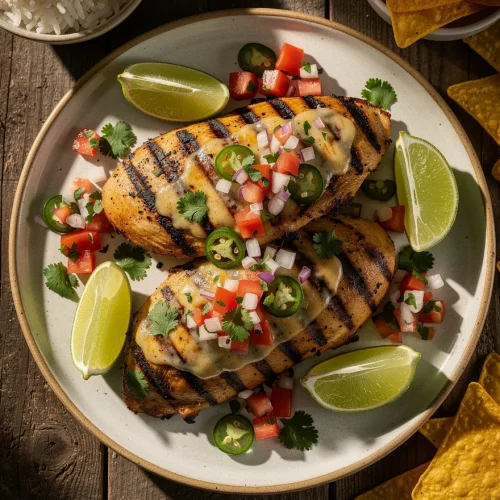 Grilled fiesta lime chicken topped with melted cheese, pico de gallo, and jalapeños with lime wedges