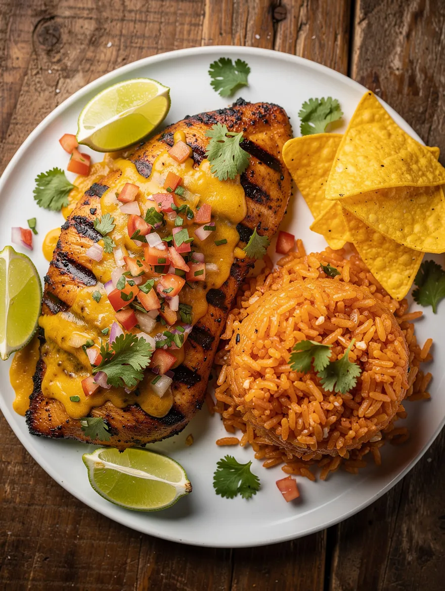 Fiesta lime chicken with Mexican rice, tortilla chips, pico de gallo, and melted cheese